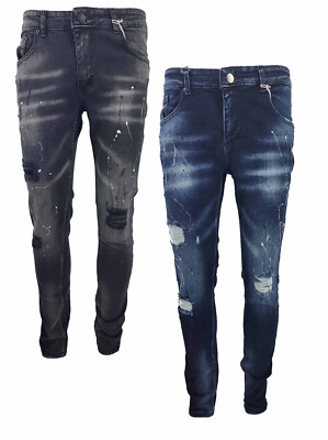 Herrenjeans Peviani schmale Passform Stretch Denim gerissene Farbe Spritzer Distressed Jeans