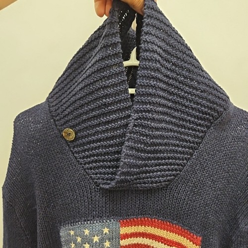 Ralph Lauren Polo Vintage Big Logo Flag USA Navy Linen Jumper Sweater Sz Medium - Picture 6 of 11
