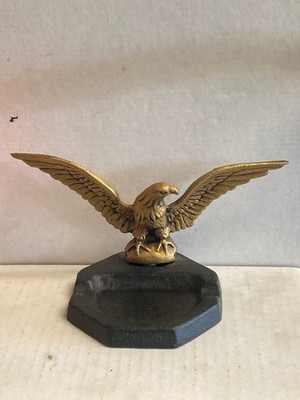Vintage Cast Iron Metal Eagle Ashtray Black And Gold