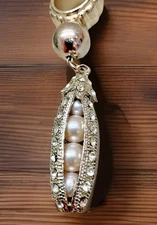 Unique Pea Pod Pendant Scarf Loop Faux Pearls Rhinestones Silvertone 4" VTG