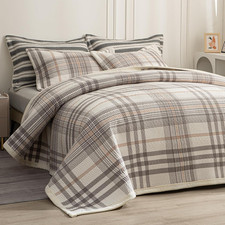 Ultra Soft Cotton Plaid Quilt Set, King Size, Reversible, Grey  White