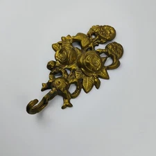 Vintage Brass Rose Wall Hook  Coat Towel Hanger Floral Victorian 7.5"x4.5" INDIA