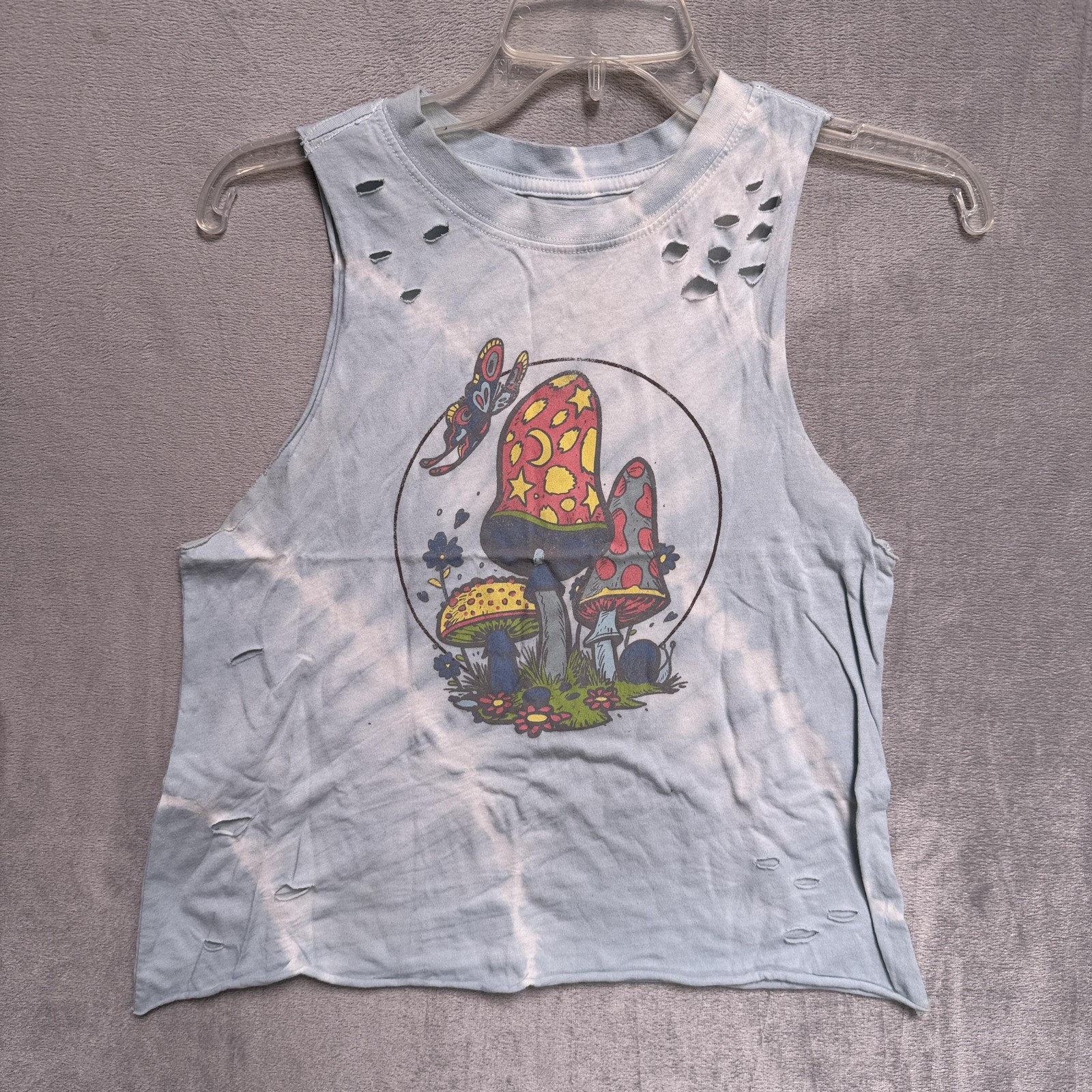 Cold Crush Tank Top Womens Small Blue Cropped Tie Dye Mushroom Graphic Hippie