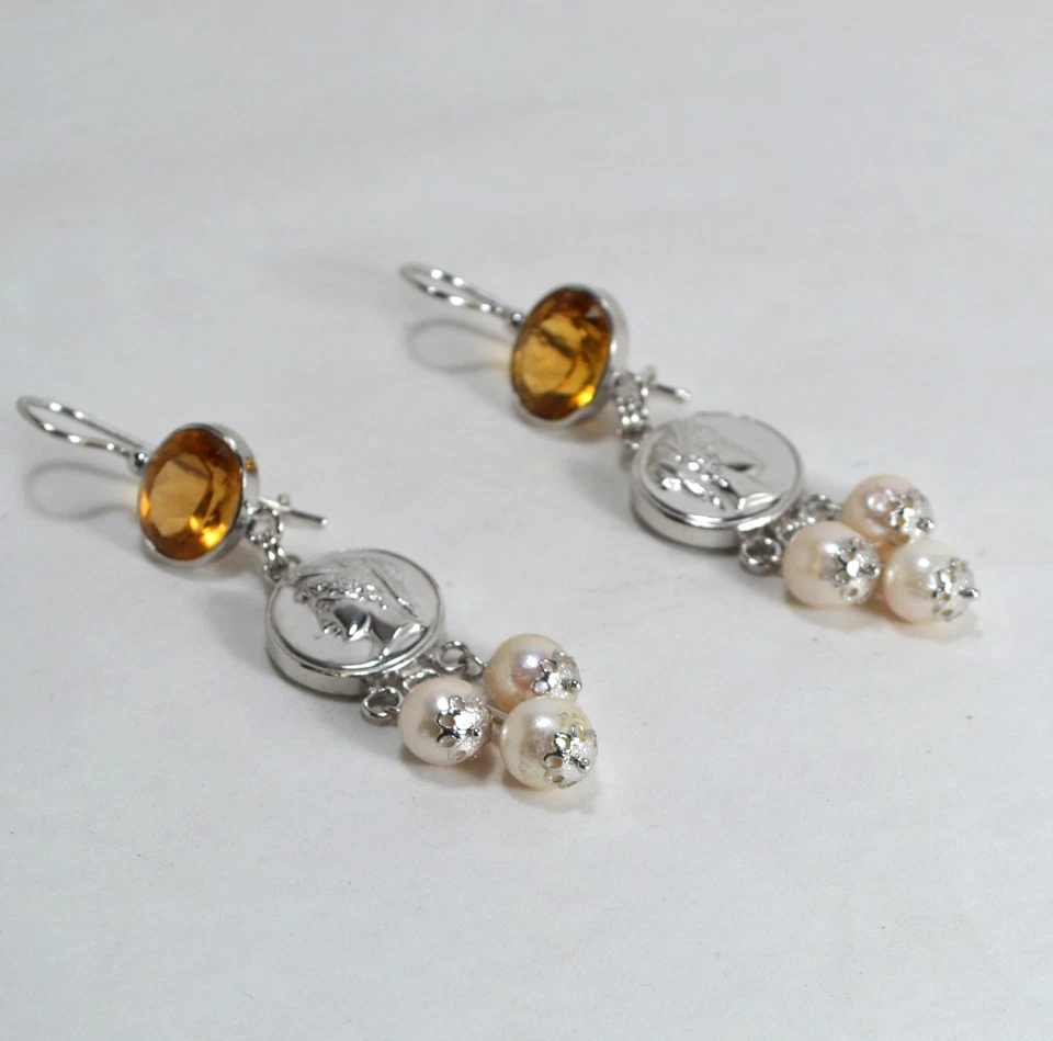 ORECCHINI ARGENTO 925 CITRINO IDROTERMAL  PERLE AKOYA BAROCCHE  8 mm  AGHT 019 - Immagine 2 di 3