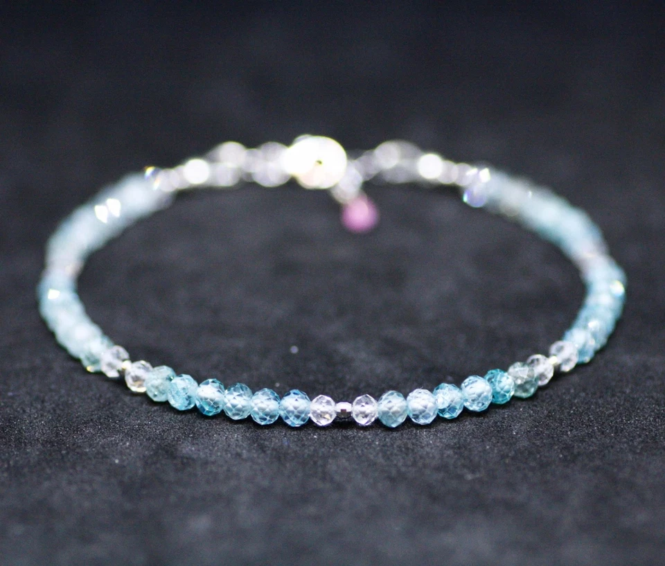 Natural Ice Quartz Blue Zircon Bracelet Solid 14k White Gold December Birthstone Foto 3 de 4