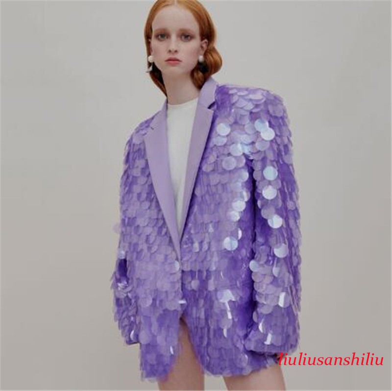 Women's Paillette Jacket Mid Legth Coat Shiny Blazer Loose Casual Outwear OL Top