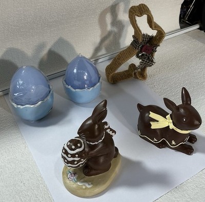 Vtg Chocolate Bunnies-Egg Candles W/Half Egg Ceramic Holder-Burlap Cookie Cutter