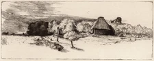 REMBRANDT LANDSCAPE WITH TREES, FARM BUILDINGS & TOWER ETCHING BY AMAND DURAND