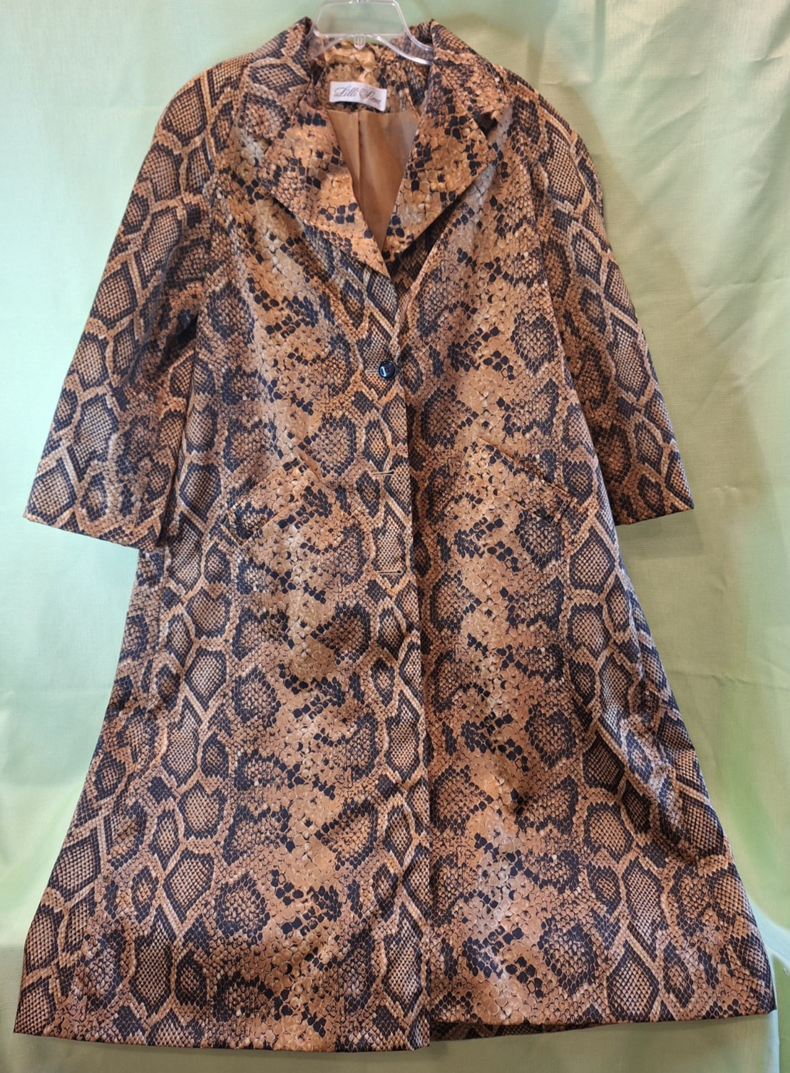 #649 Womens Rare Lilli Ann Vintage 1970's Satin Snake Skin Print Trench Coat