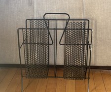 Vtg MCM Footed Magazine Rack LP Record Holder MCM Black Perforated Metal Handle
