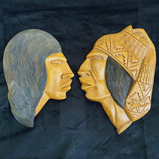 Vtg Hand Carved Wood Art Native American Wall Plaques Man  Woman Set of 2