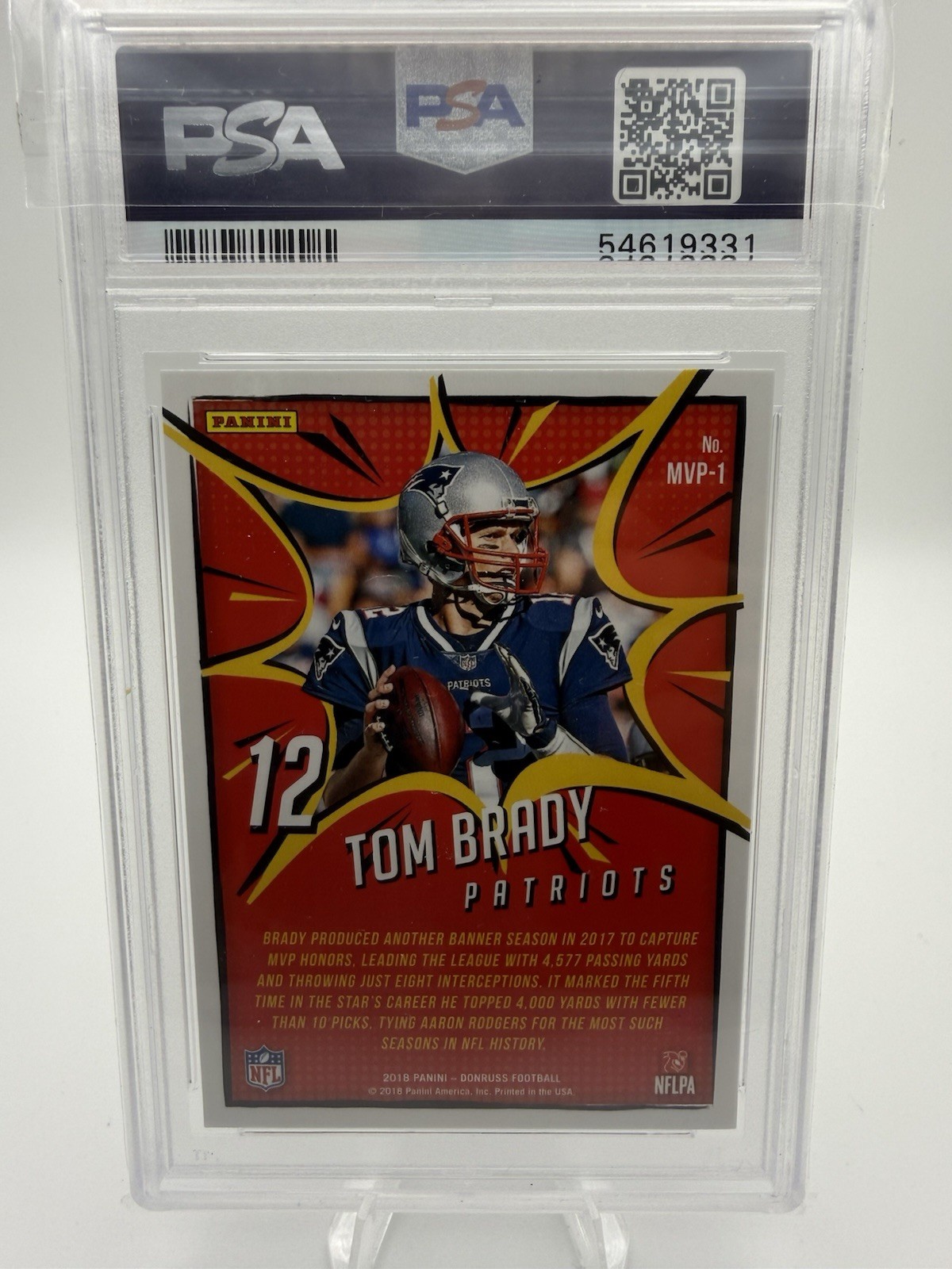 2018 Panini Donruss Tom Brady MVP PSA 10 #MVP1 view 2