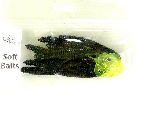 2 PAQUETES Jed Welsh 4" Acanalado Cola Rizada Gusano Negro Cola Chartreuse Paquete de 10 unidades - Imagen 4 de 12