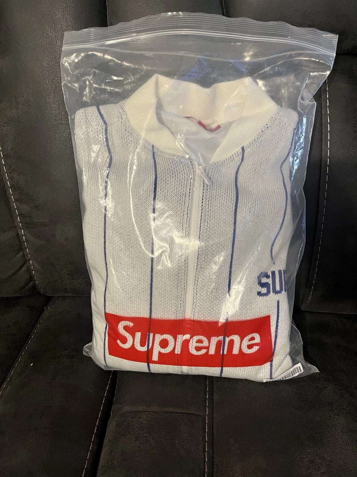 Veste pull zippée universitaire à rayures SUPREME 23SS blanc bleu neuf