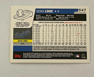 2006 TOPPS DEREK LOWE #547 PITCHER LOS ANGELES DODGERS BASEBALL