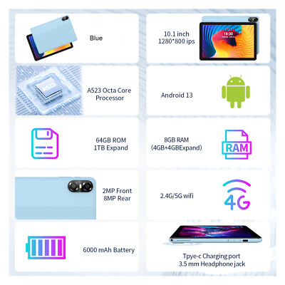 PRITOM Android 13 Tablet 10 inch Tablet Octa-Core 5G WiFi 8(4+4)GB