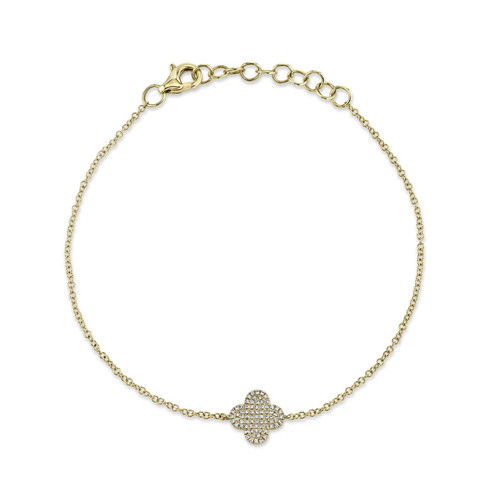 Diamond Clover Bracelet 14K Yellow Gold Pave Set Charm 0.16CT Certified Natural