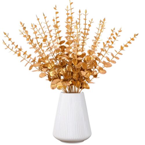 15Pcs Gold Eucalyptus Stems Artificial Eucalyptus Leaves Decor Faux Greenery ...