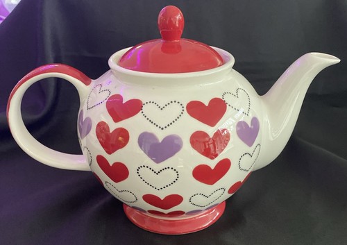 Whittard Of Chelsea Red & Lilac Hearts Large Teapot Hand Painted - Picture 3 of 6