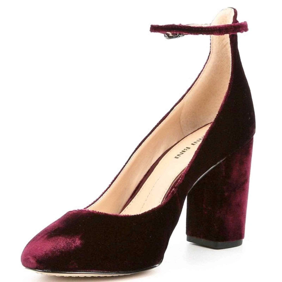 Gianni Bini Sylviaa Burgundy Velvet Ankle Strap Block Heel Pumps Size 5.5