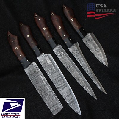 Custom handmade Damascus steel kitchen chef knife set with leather roll bag