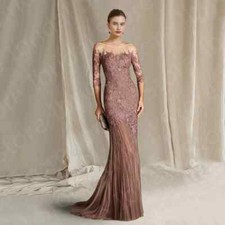 Dusty Rose Lace Mermaid Mother of the Bride Gown Illusion Neckline 3/4 Sleeves