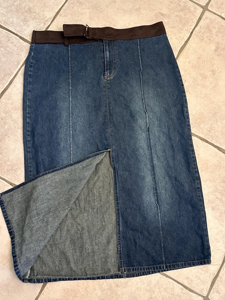 Vintage High Waisted Midi Pencil Skirt Zippered Front Slit Denim Dark Wash Sz 16 - Изображение 3 из 4