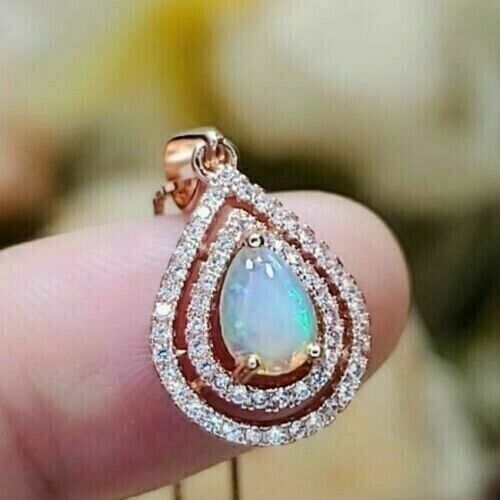 4Ct Pear Cut Simulated Fire Opal Halo Women's Pendant In 14K Rose Gold Plated - Picture 1 of 5