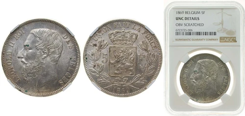 Belgium 1869 5 Francs Silver (.900) (10% copper) NGC UNC