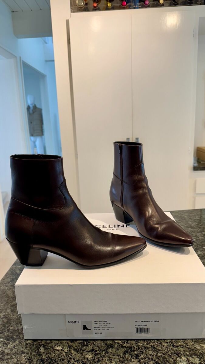 CELINE Mens JACNO LEATHER Boots Oak Brown 60mm Heel US 9 EU CELINE Mens JACNO LEATHER Boots Oak Brown 60mm Heel US 9 EU