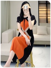 2024ss Wrinkled Short Sleeved Slim Fit A-line Skirt High Waist Round Neck Dress