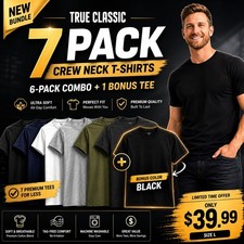   True Classic 7-Pack Crew Neck T-Shirts  Size L   Bonus Black Tee