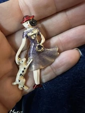 Red Hat Society Pin Beautiful lady walking her dog With purse Shoes Brooch