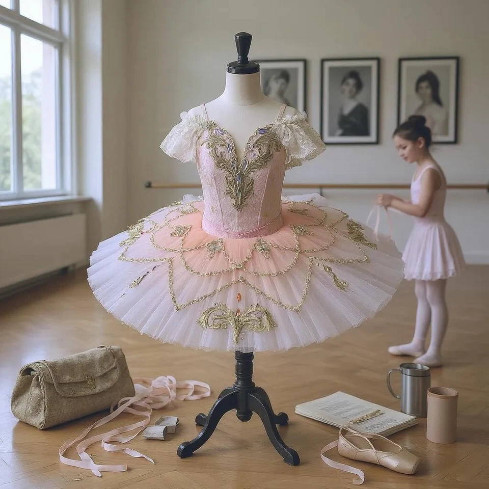 Peach Ombre Ballet Tutu Professional Gold Applique Pancake Skirt Made to Measure - Image 3 of 4