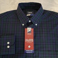 IZOD Dress Shirt Mens 14-14.5/32-33 Blue/Green Plaid Wrinkle Free Stretch NWT 