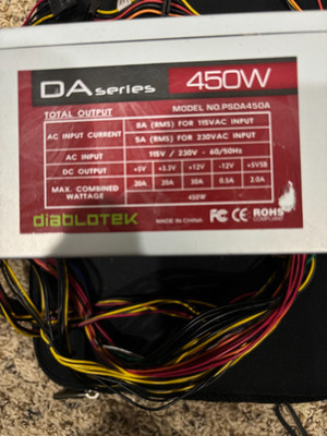 DIABLOTEK DA SERIES 450W DESKTOP POWER SUPPLY- PSDA450A TESTED