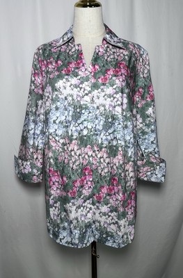 Investments Woman Blouse Shirt Top 14W Cotton Gold Label Button Non Iron Floral