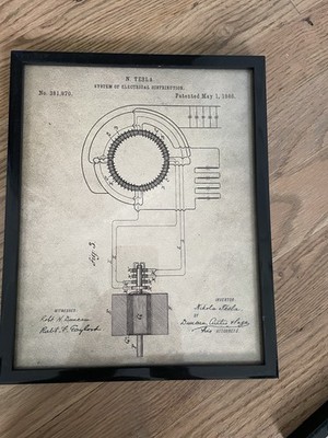 Nikola Tesla System of Electrical Distribution Patent Blueprint Framed Poster