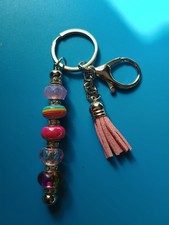 Homemade Beaded Keychain With Tassel Pink/Rainbow