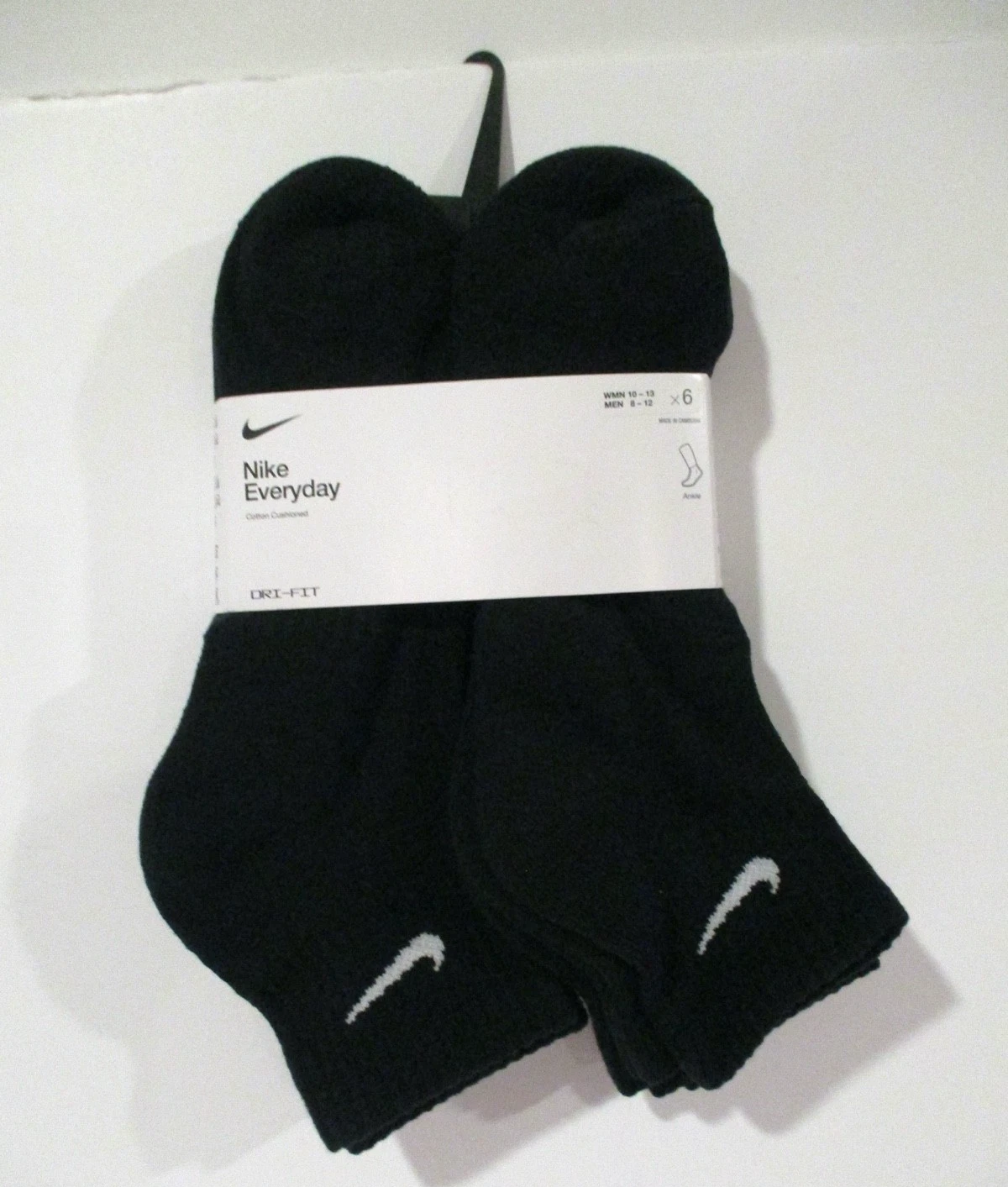 6 Pair Nike Unisex Cotton cushioned Ankle Socks Black size Large