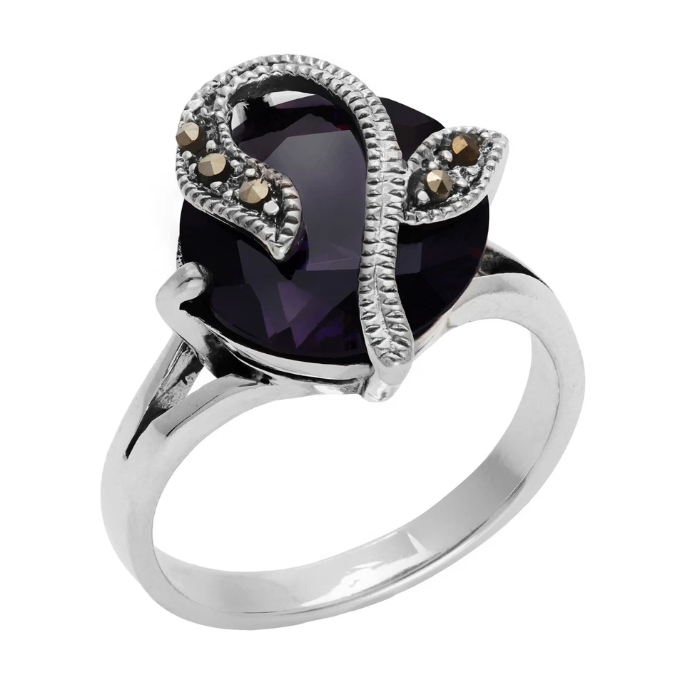 Silverly Anello Argento 925 Zircone Nero Rotondo Multi Marcasite Fiore - Immagine 2 di 4