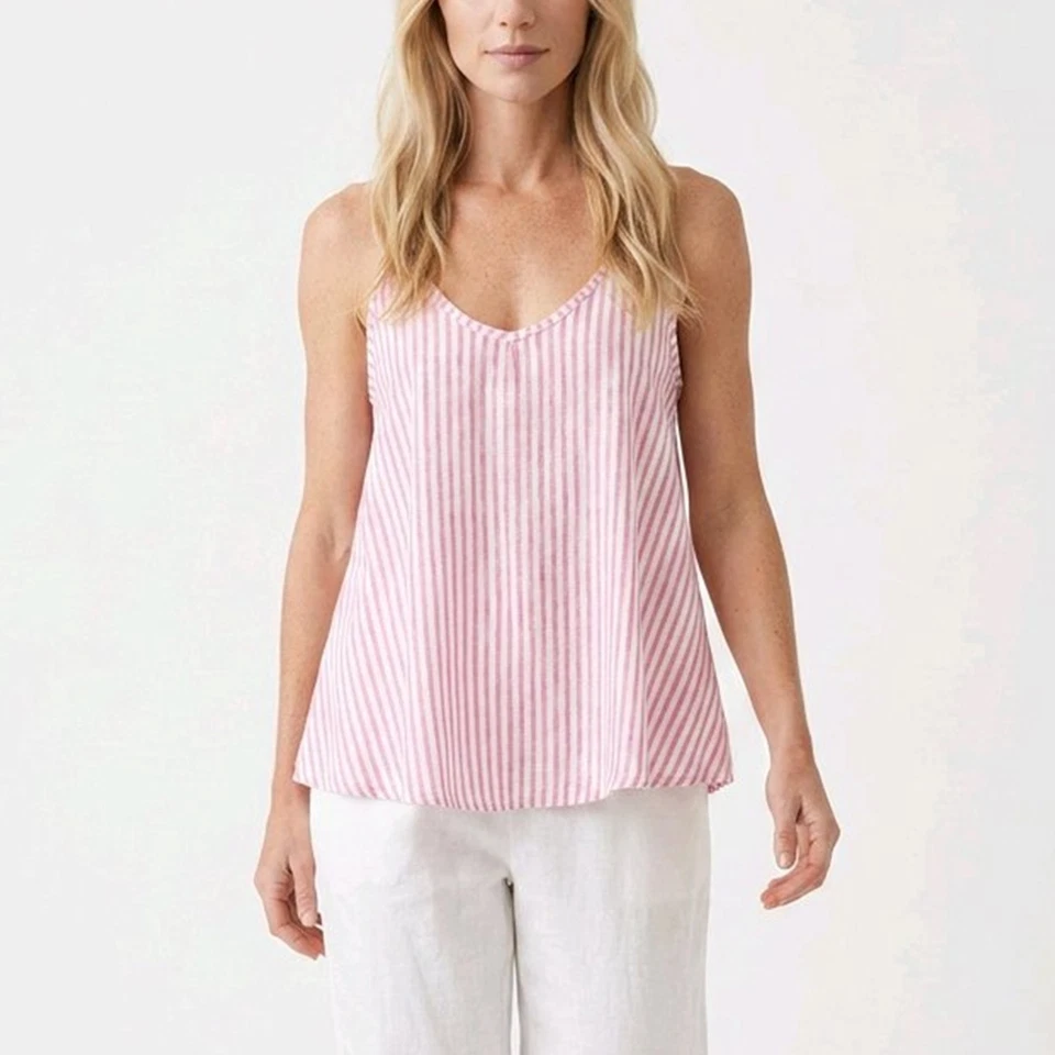 Italy Träger Top Gr. 38 40 Gestreift Rosa Leinen Träger Blusenshirt Tunika - Bild 1 von 4