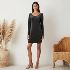 Vintage Y2K Knee Length Dress Grey Velvet Cotton Blend Shift Long Sleeve L