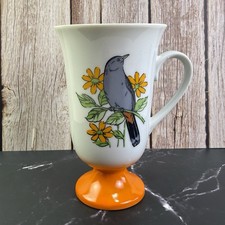 Vintage Japan Pedestal Mug Bird Daisy Orange Base 1970s Coffee Cup