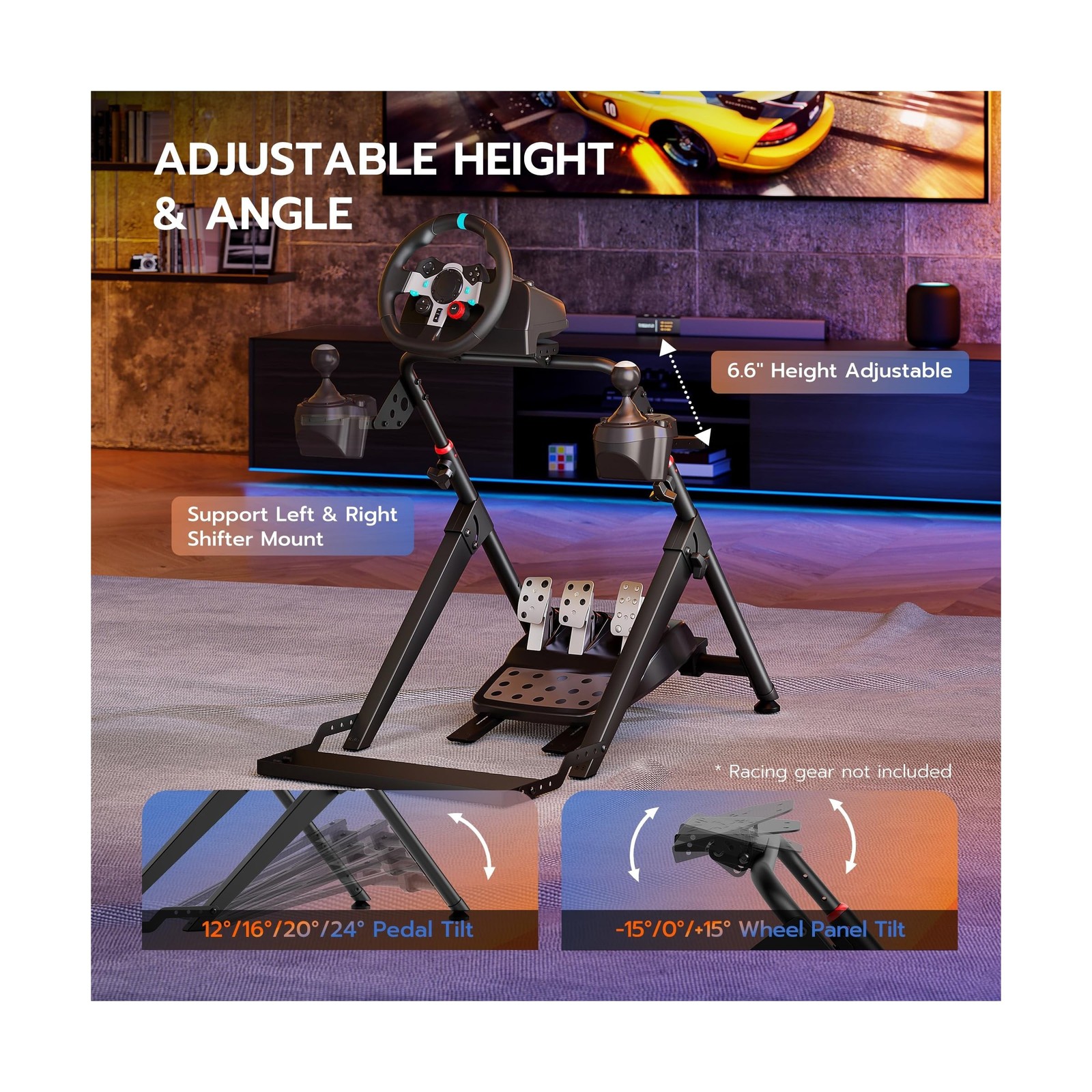 ARES WING Foldable Sim Racing Wheel Stand with Chair Fixing Slot, Formula and...