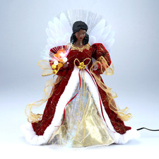 Fiber Optic Black African Angel Christmas Tree Topper Red Dress 12" LED Light Up
