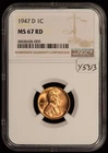 1947-D 1c Lincoln Wheat Small Cent - Luster - Bright Red - NGC MS 67 RD - Y5313