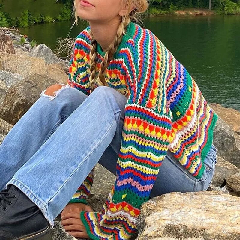 Colorful Embroidery Boho Oversized Sweater Loose Long Sleeve