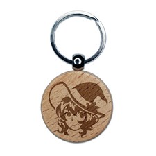 Adorable Anime Witch Girl with Hat Halloween Engraved Wood Round Keychain