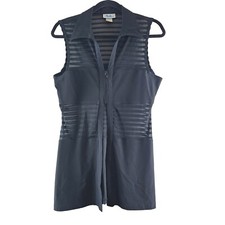Womens Sz L Vtg Black Zipper Tunic Top Striped Mesh Sleeveless Collared USA Made